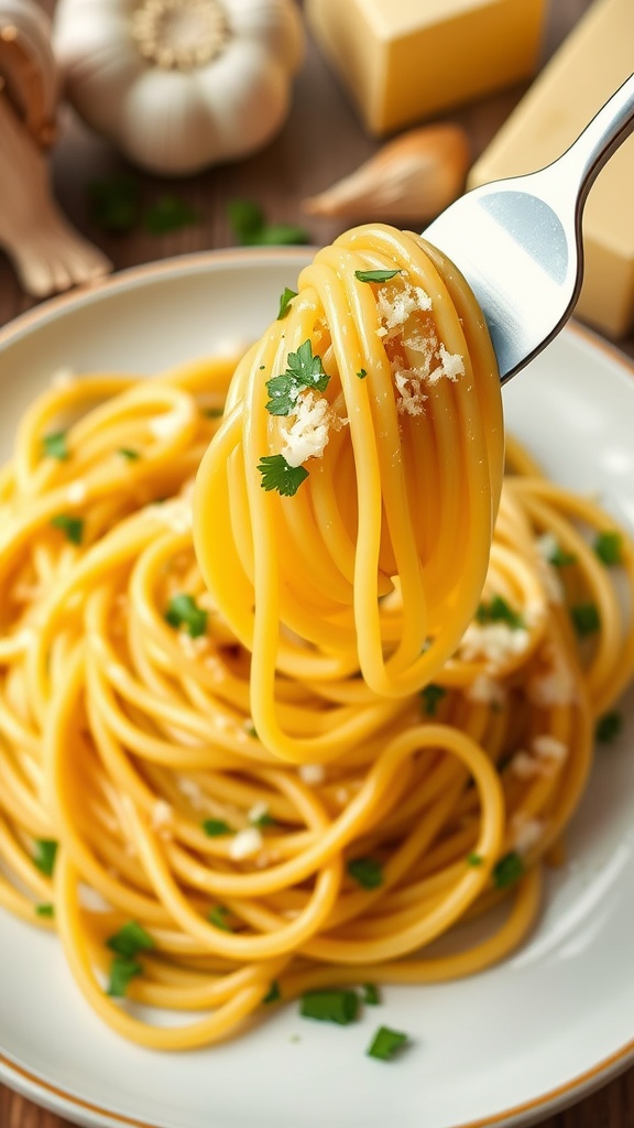 A delicious serving of garlic butter spaghetti garnished with parsley and Parmesan cheese, with fresh garlic and butter in the background.